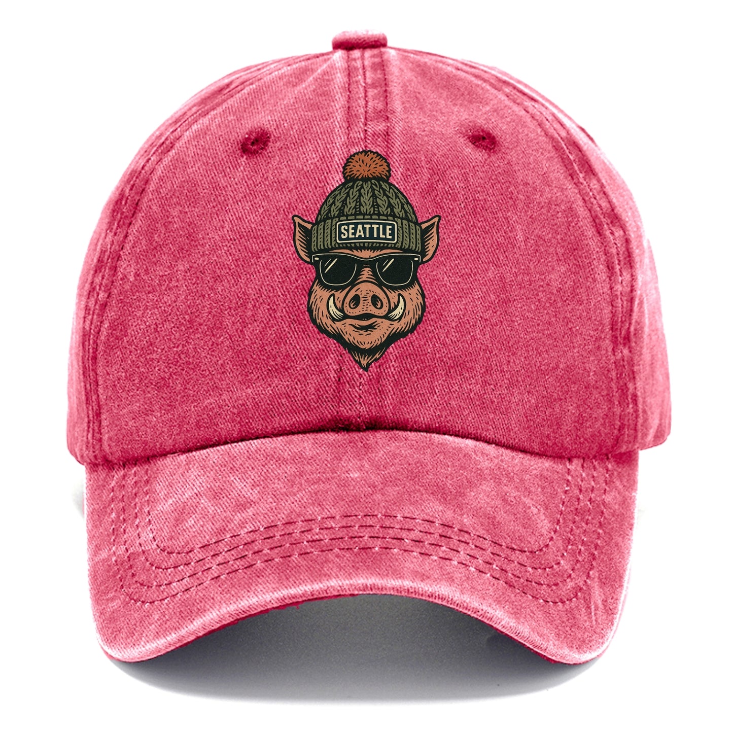 Washington Hog wearing Seattle beanie with pom pom and wayfarer sunglasses - Classic Cap - Pomegranate Blush(Pink)