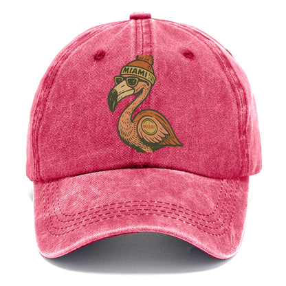 Miami Flamingo wearing Miami beanie with pom pom and wayfarer sunglasses - Classic Cap - Pomegranate Blush(Pink)