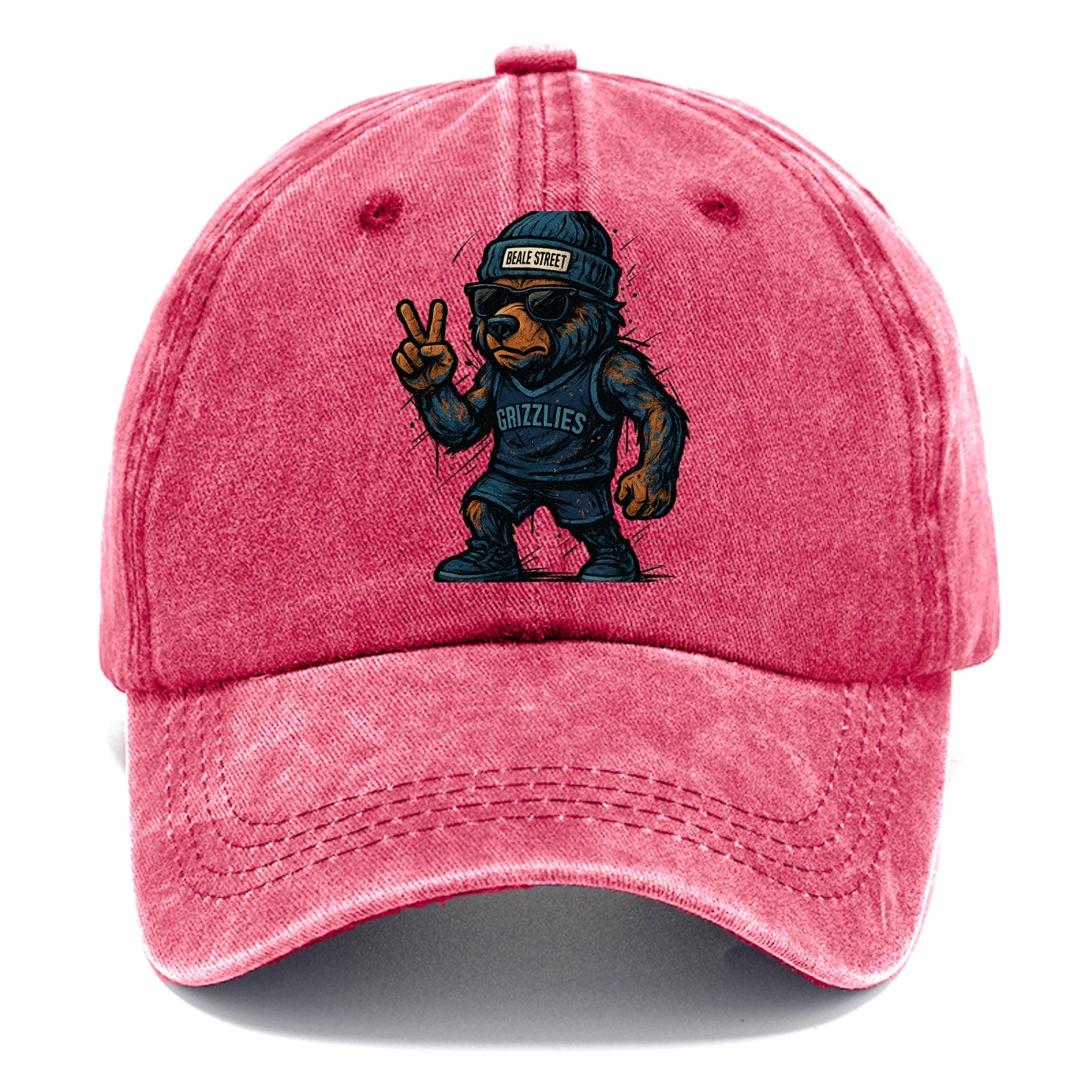 Memphis Grizzly Bear wearing Grizzlies navy and light blue beanie with Beale Street - Classic Cap - Pomegranate Blush(Pink)