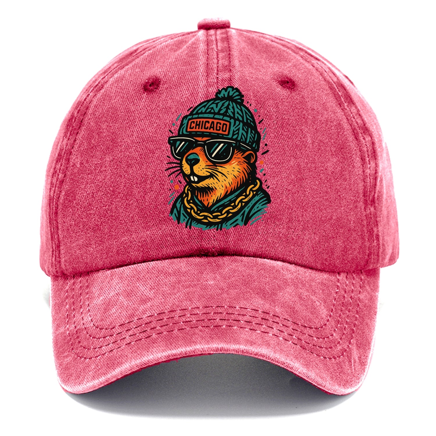 Illinois Prairie Dog wearing Chicago beanie with pom pom and wayfarer sunglasses - Classic Cap - Pomegranate Blush(Pink)