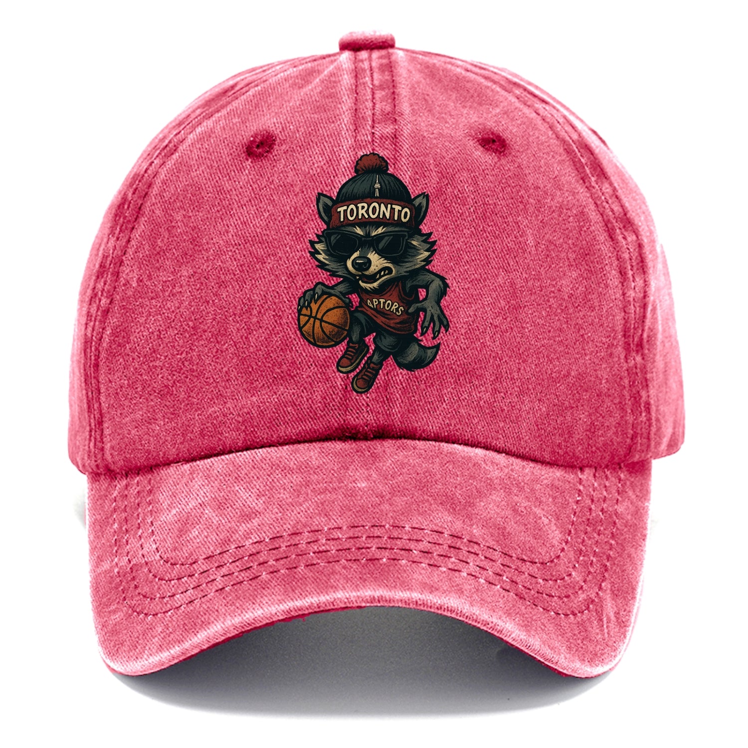 Toronto Raccoon wearing Raptors beanie with CN Tower patch and wayfarer sunglasses - Classic Cap - Pomegranate Blush(Pink)