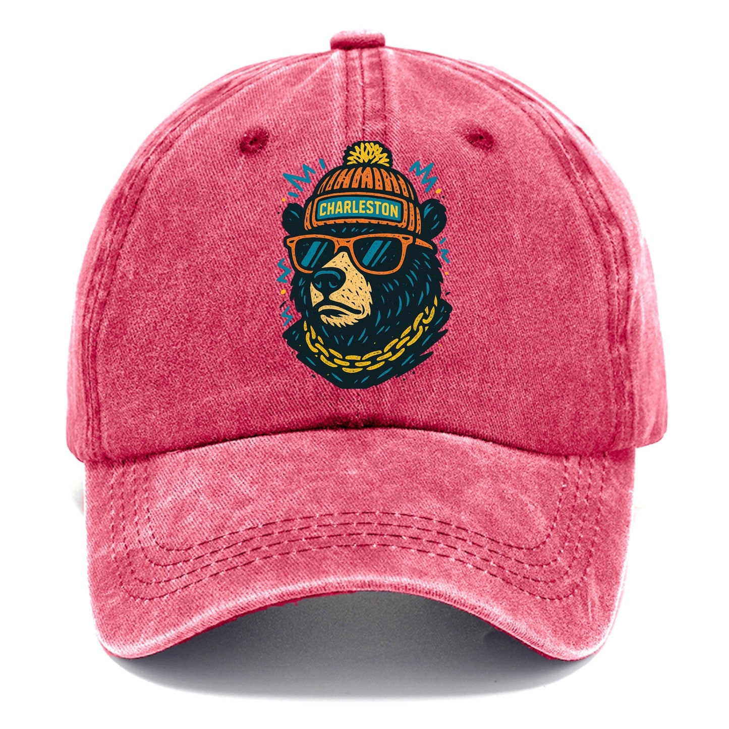 West Virginia Black Bear wearing Charleston beanie with pom pom and wayfarer - Classic Cap - Pomegranate Blush(Pink)