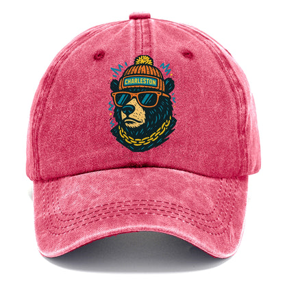 West Virginia Black Bear wearing Charleston beanie with pom pom and wayfarer - Classic Cap - Pomegranate Blush(Pink)