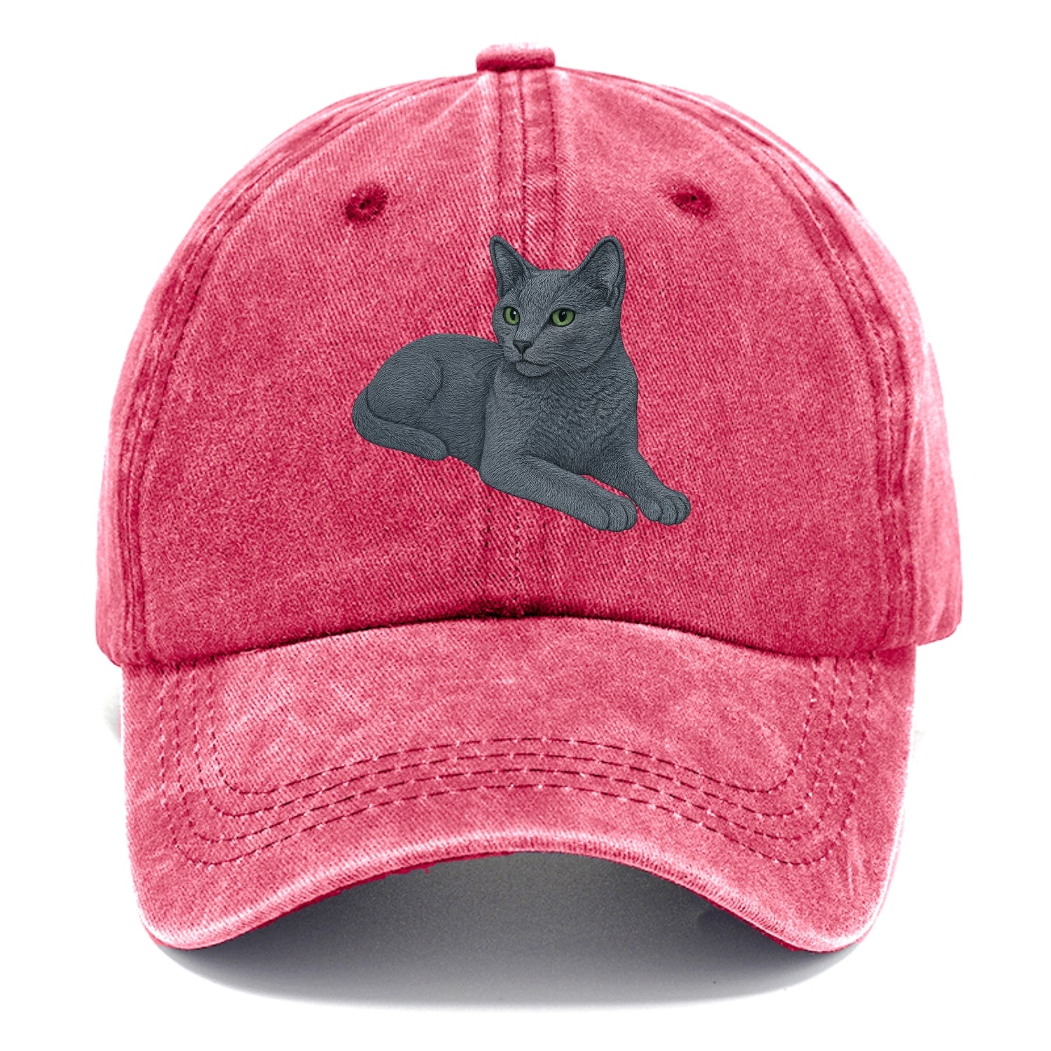 Russian Blue  relaxed lying down with he Classic Cap - Pomegranate Blush(Pink)