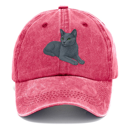 Russian Blue  relaxed lying down with he Classic Cap - Pomegranate Blush(Pink)
