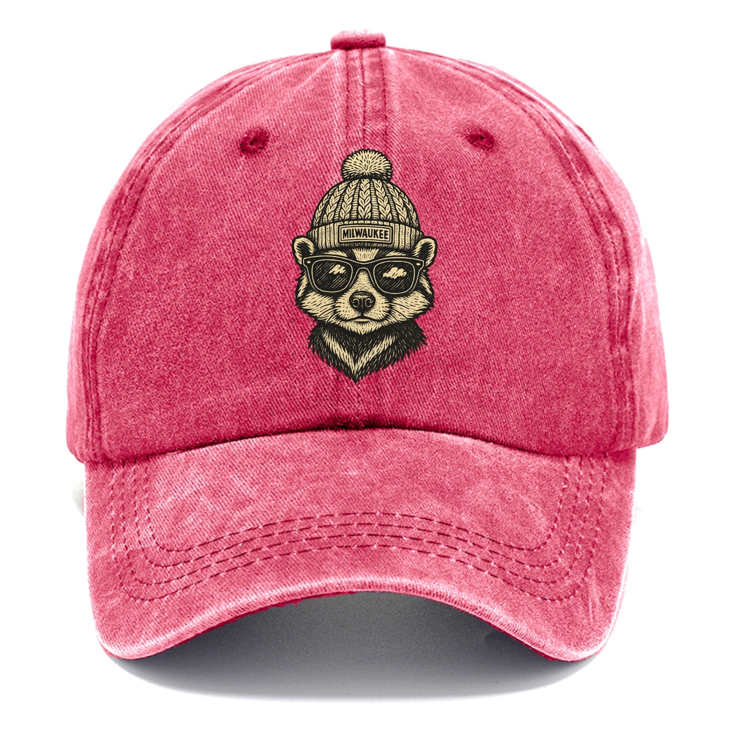 Wisconsin Badger wearing Milwaukee beanie with pom pom and wayfarer sunglasses - Classic Cap - Pomegranate Blush(Pink)
