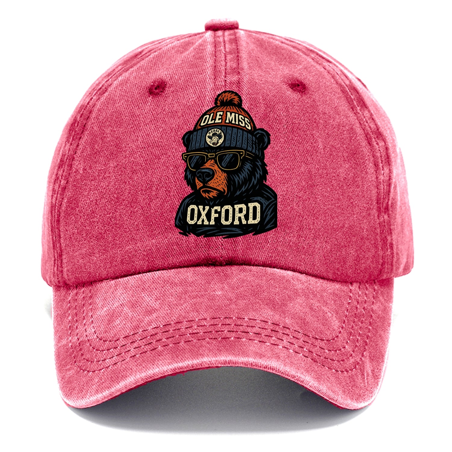 Oxford Black Bear wearing Ole Miss beanie with rebel patch - Classic Cap - Pomegranate Blush(Pink)