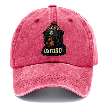 Oxford Black Bear wearing Ole Miss beanie with rebel patch - Classic Cap - Pomegranate Blush(Pink)