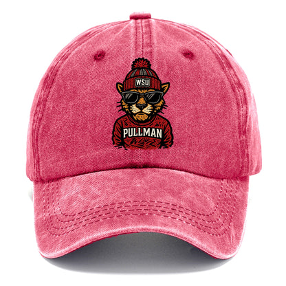 Pullman Cougar wearing Washington State beanie with WSU patch - Classic Cap - Pomegranate Blush(Pink)