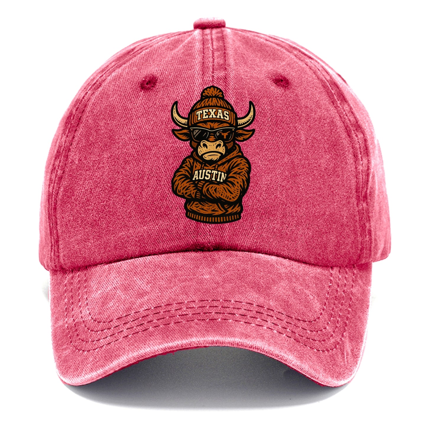 Austin Bevo wearing Texas beanie with longhorn patch - Classic Cap - Pomegranate Blush(Pink)