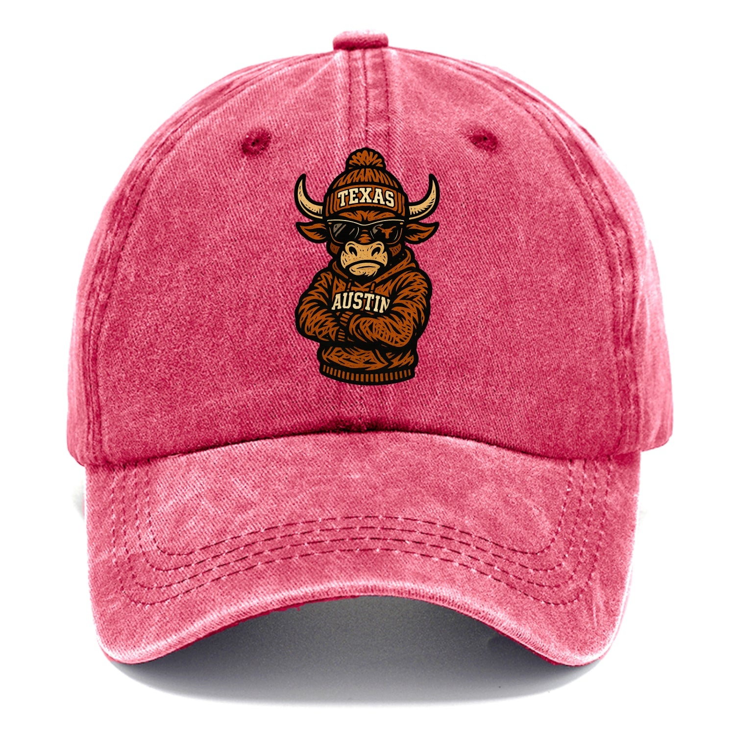 Austin Bevo wearing Texas beanie with longhorn patch - Classic Cap - Pomegranate Blush(Pink)