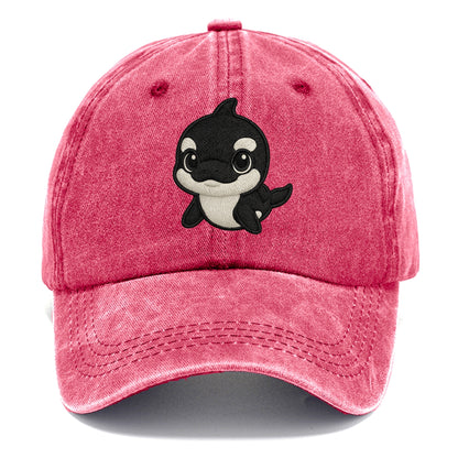 Baby Orca - black and white pattern, white eye patch, front-facing, curious and - Classic Cap - Pomegranate Blush(Pink)