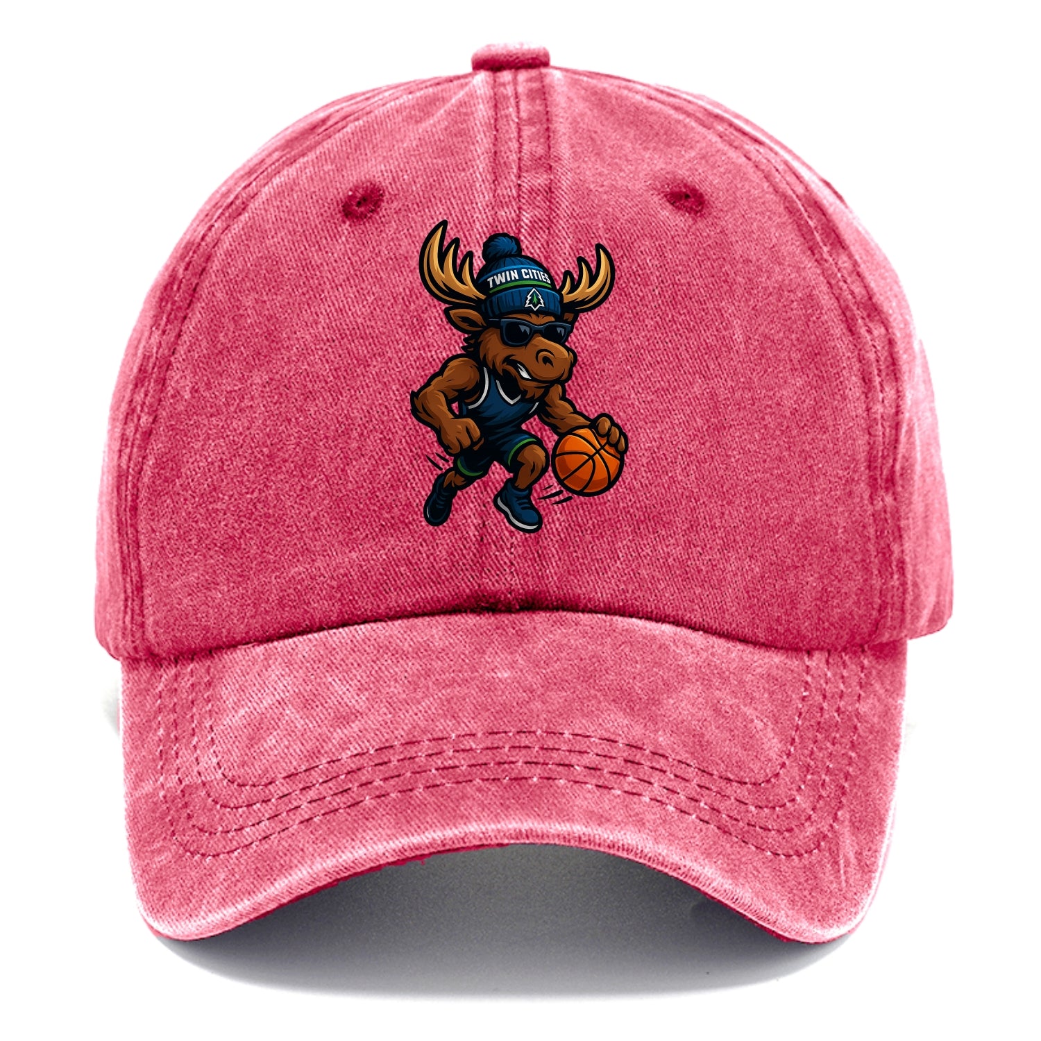 Twin Cities Moose wearing Timberwolves beanie with pine tree patch and wayfarer - Classic Cap - Pomegranate Blush(Pink)