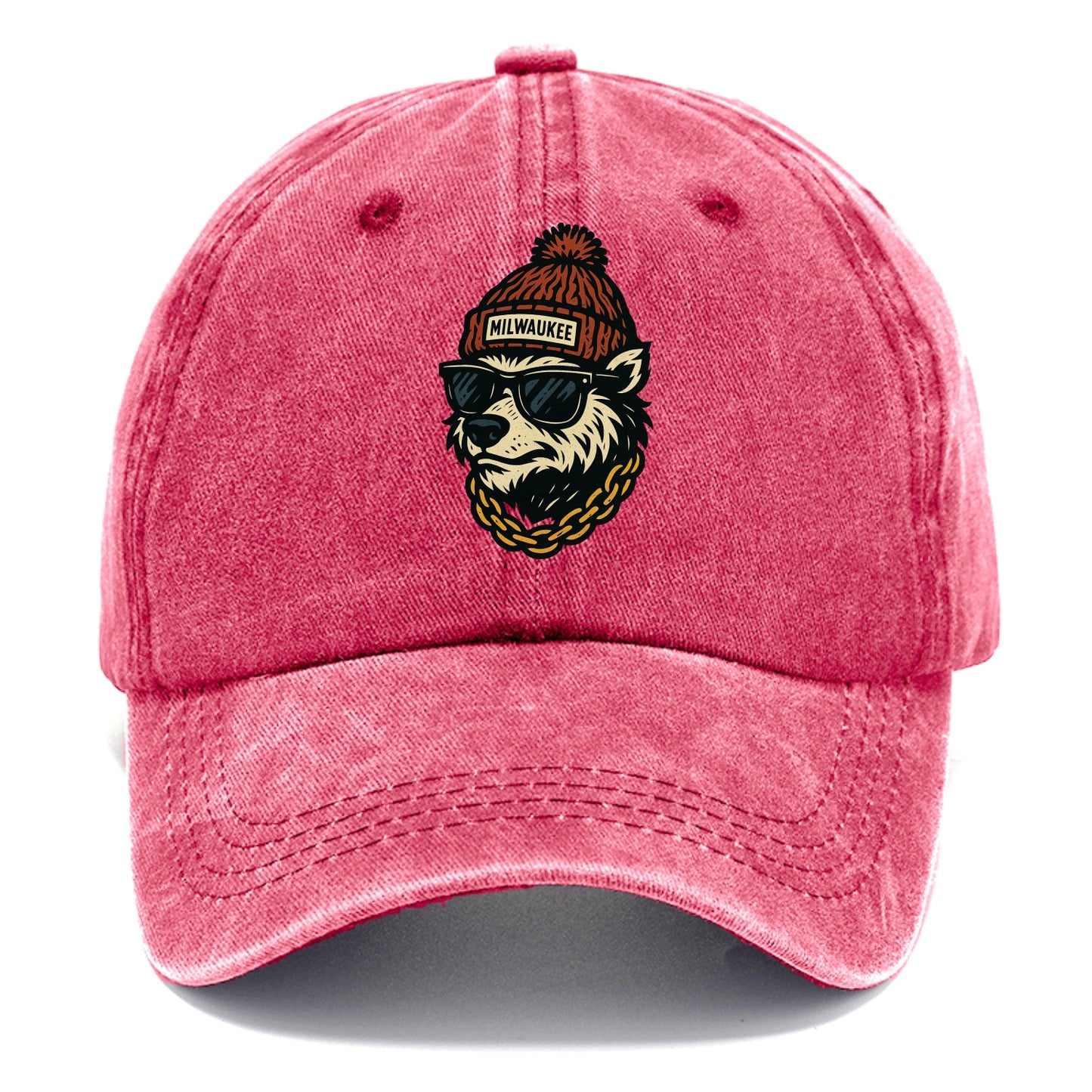 Milwaukee Badger wearing Milwaukee beanie with pom pom and wayfarer sunglasses - Classic Cap - Pomegranate Blush(Pink)