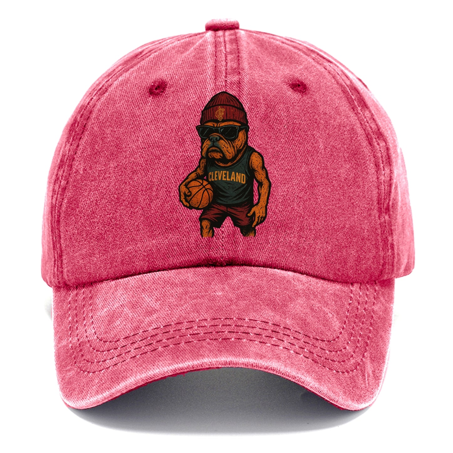 Cleveland Bulldog wearing Cavaliers wine and gold beanie with sword patch and - Classic Cap - Pomegranate Blush(Pink)