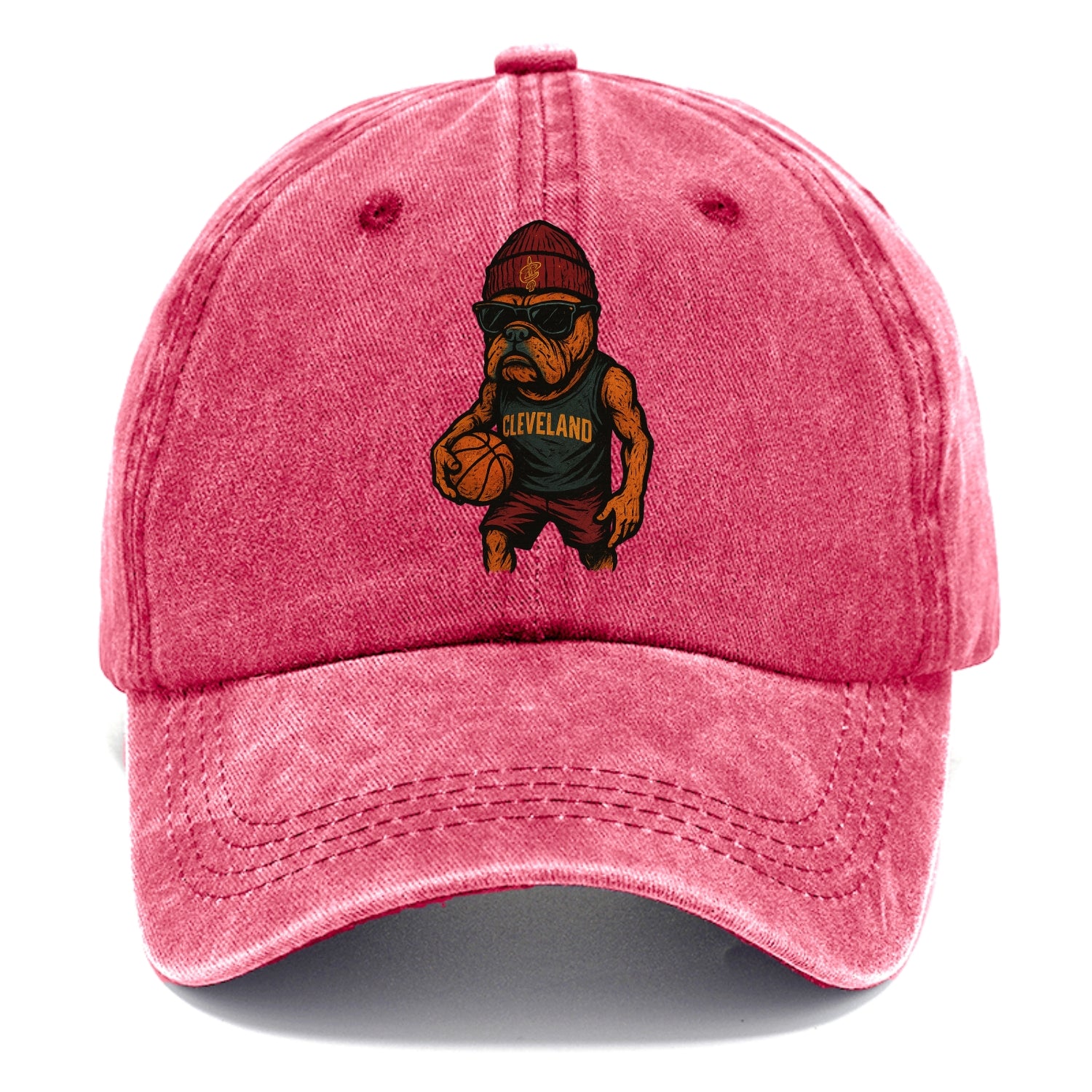 Cleveland Bulldog wearing Cavaliers wine and gold beanie with sword patch and - Classic Cap - Pomegranate Blush(Pink)