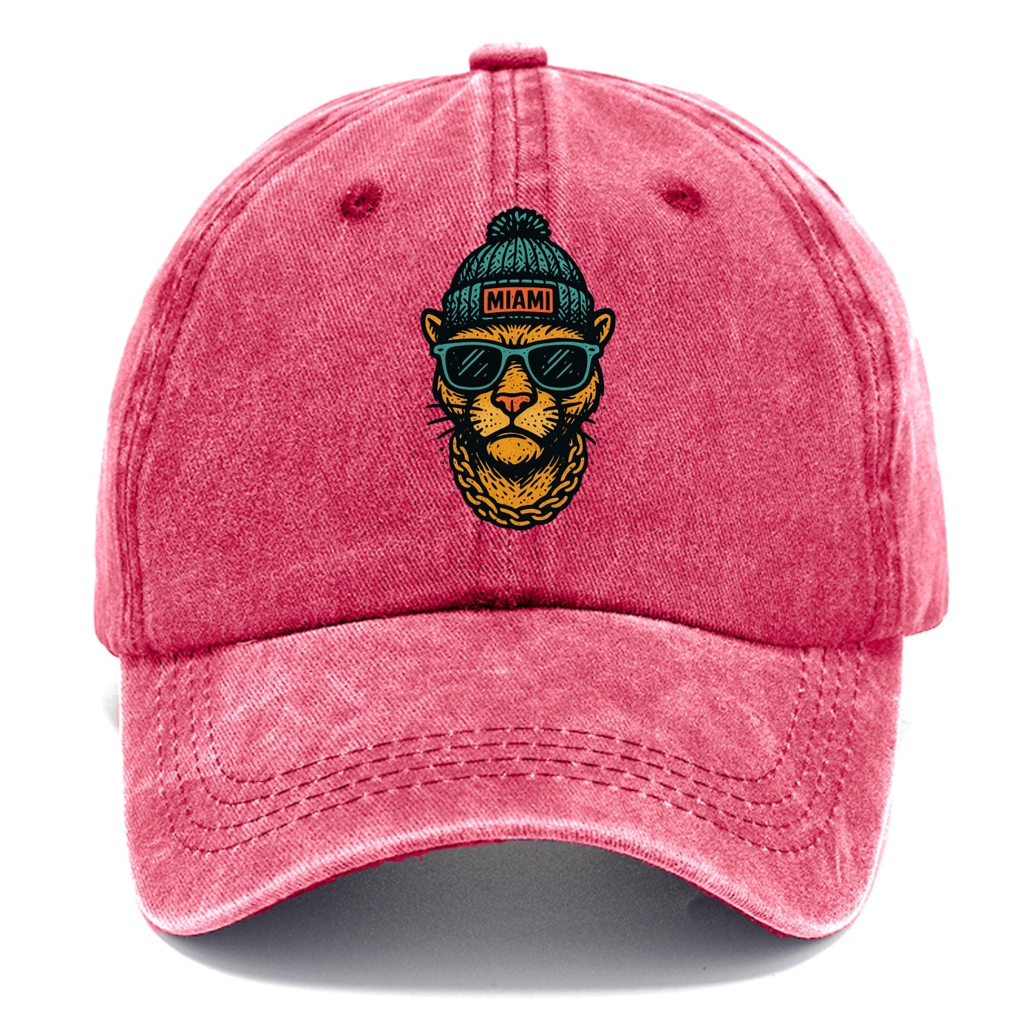 Florida Panther wearing Miami beanie with pom pom and wayfarer sunglasses - Classic Cap - Pomegranate Blush(Pink)