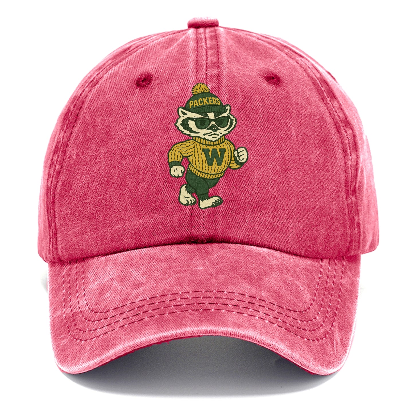 Wisconsin Badger wearing Packers green and gold beanie with pom pom and wayfarer - Classic Cap - Pomegranate Blush(Pink)