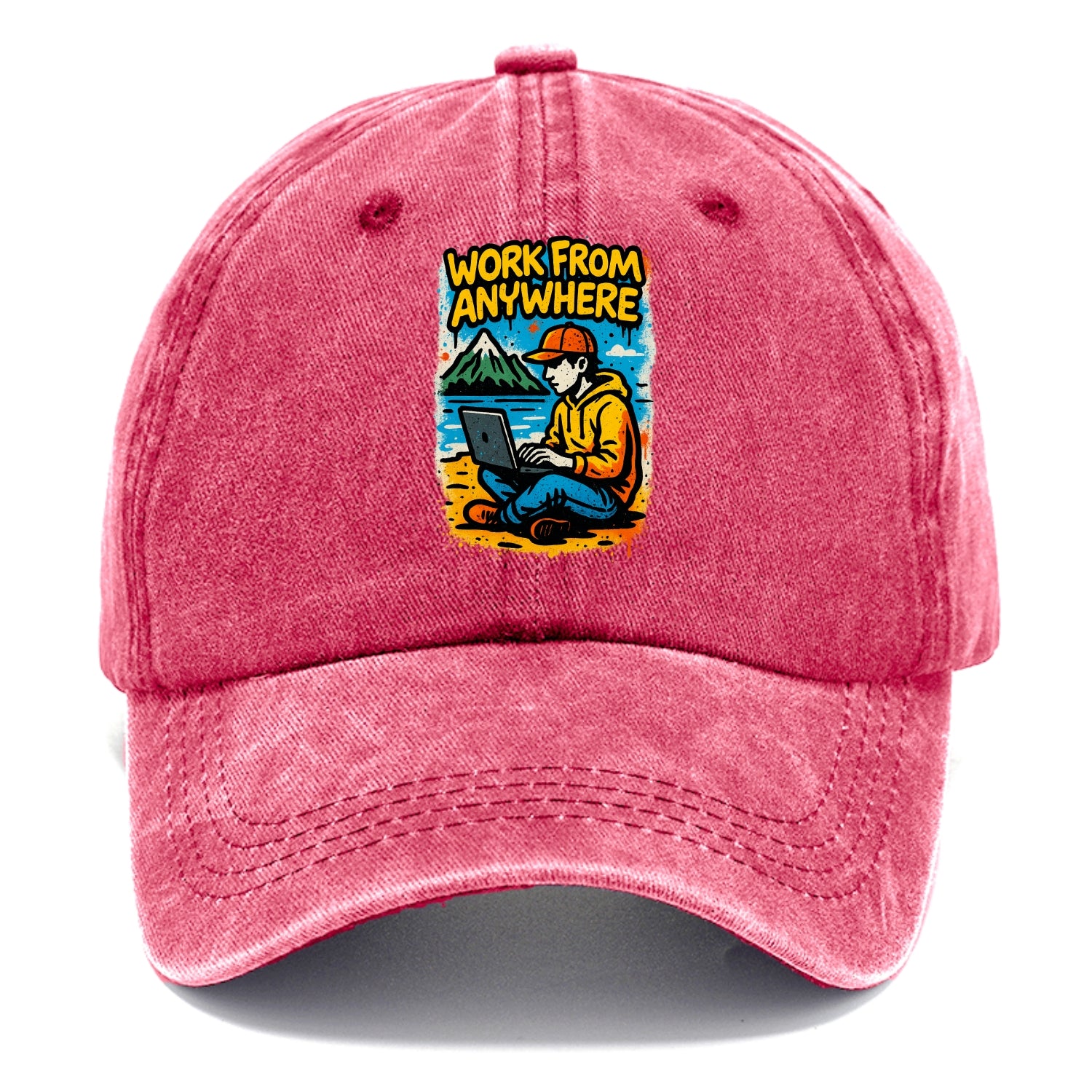 Digital nomad with laptop on beach/mountain - work from anywhere lifestyle, location - Classic Cap - Pomegranate Blush(Pink)