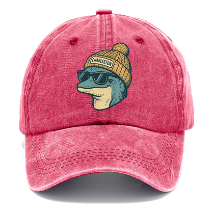 Charleston Dolphin wearing Charleston beanie with pom pom and wayfarer sunglasses - Classic Cap - Pomegranate Blush(Pink)