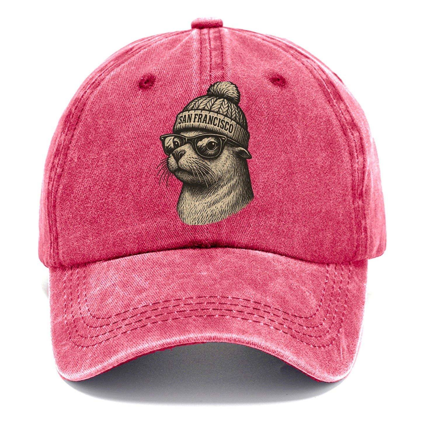 San Francisco Sea Lion wearing San Francisco beanie with pom pom and wayfarer - Classic Cap - Pomegranate Blush(Pink)