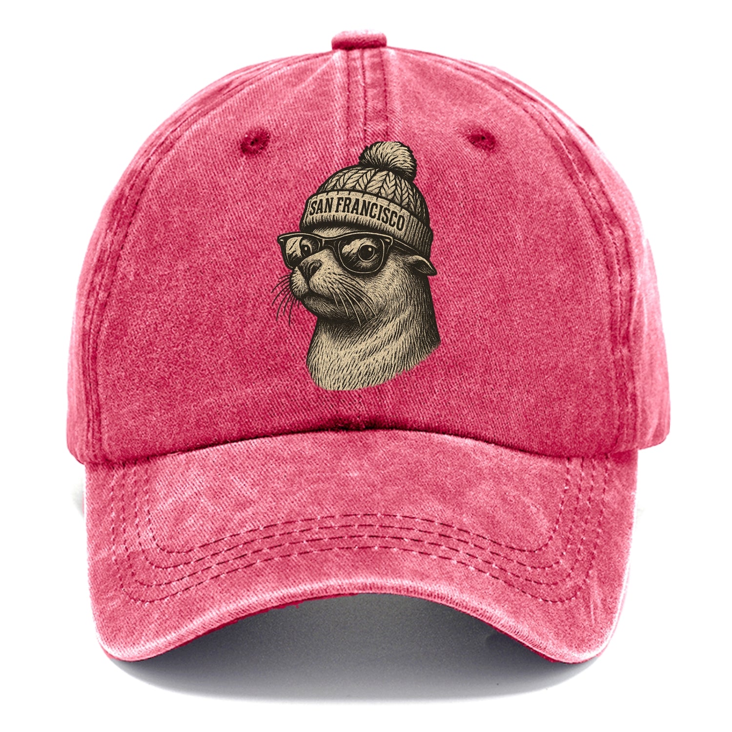 San Francisco Sea Lion wearing San Francisco beanie with pom pom and wayfarer - Classic Cap - Pomegranate Blush(Pink)
