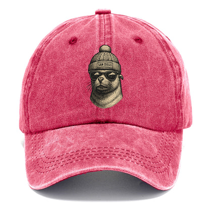 San Diego Sea Lion wearing San Diego beanie with pom pom and wayfarer sunglasses - Classic Cap - Pomegranate Blush(Pink)