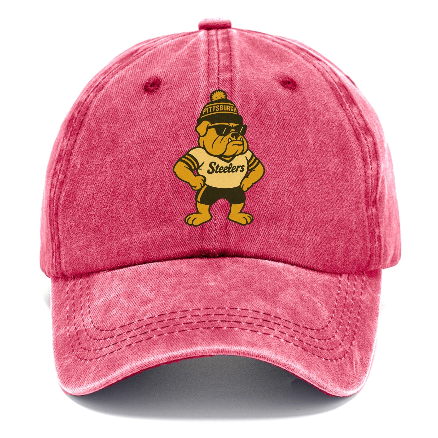 Pittsburgh Bulldog wearing Steelers black and gold beanie with pom pom and wayfarer - Classic Cap - Pomegranate Blush(Pink)