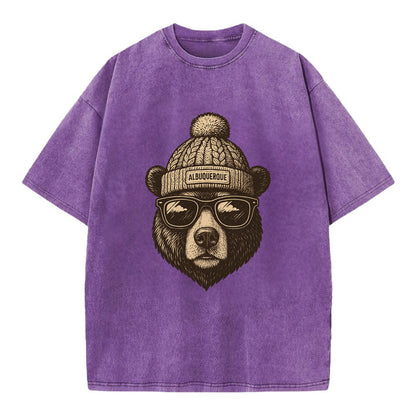 New Mexico Black Bear wearing Albuquerque beanie with pom pom and wayfarer - Vintage T-shirt - Purple