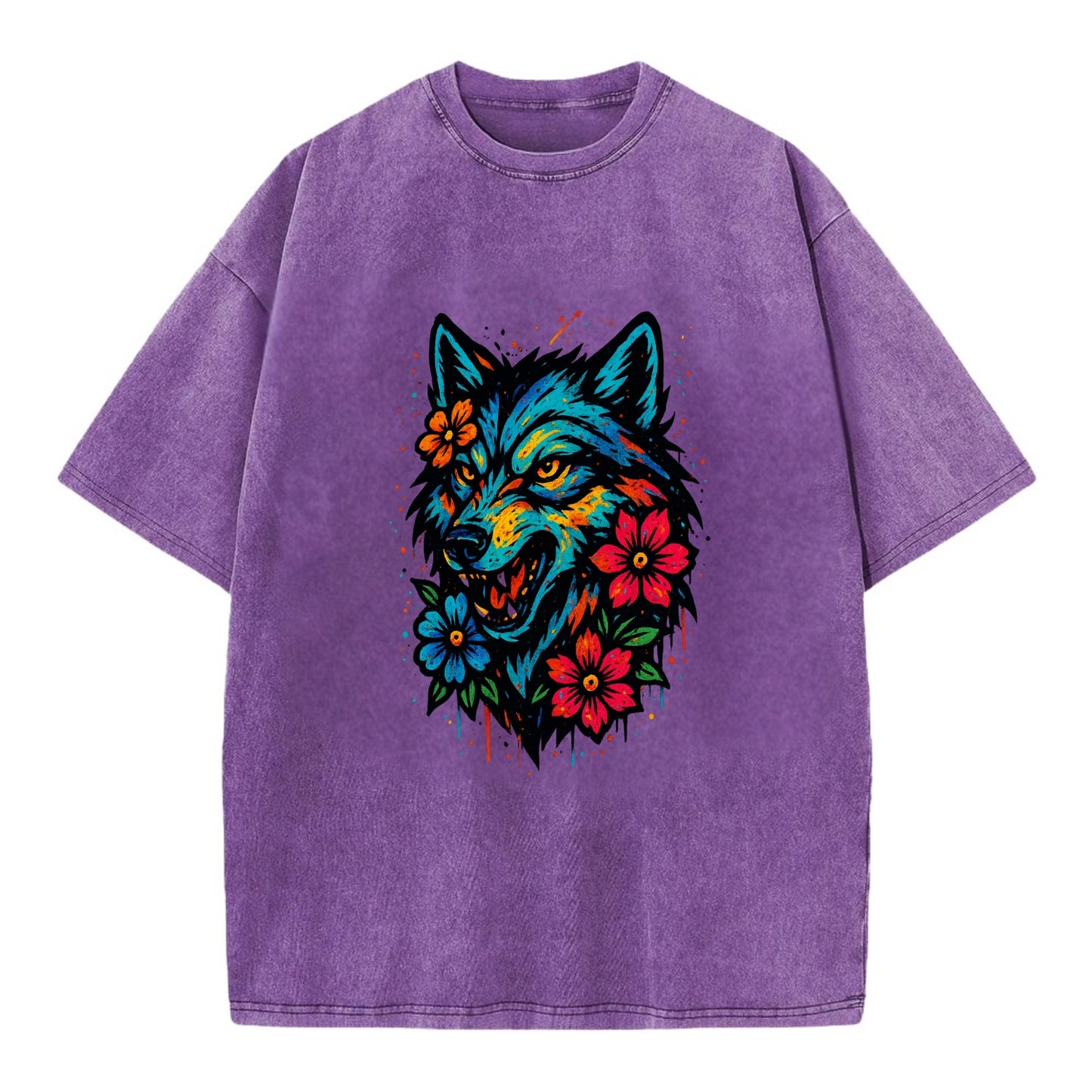 Floral Wolf Garden  - Vintage T-shirt - Purple