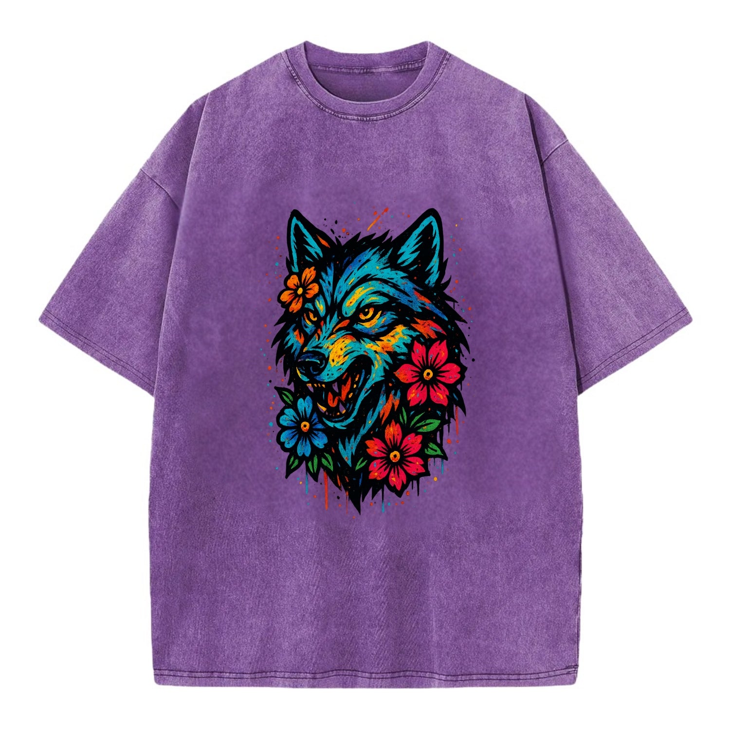 Floral Wolf Garden  - Vintage T-shirt - Purple