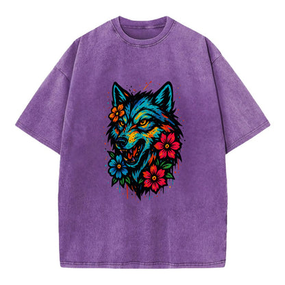 Floral Wolf Garden  - Vintage T-shirt - Purple