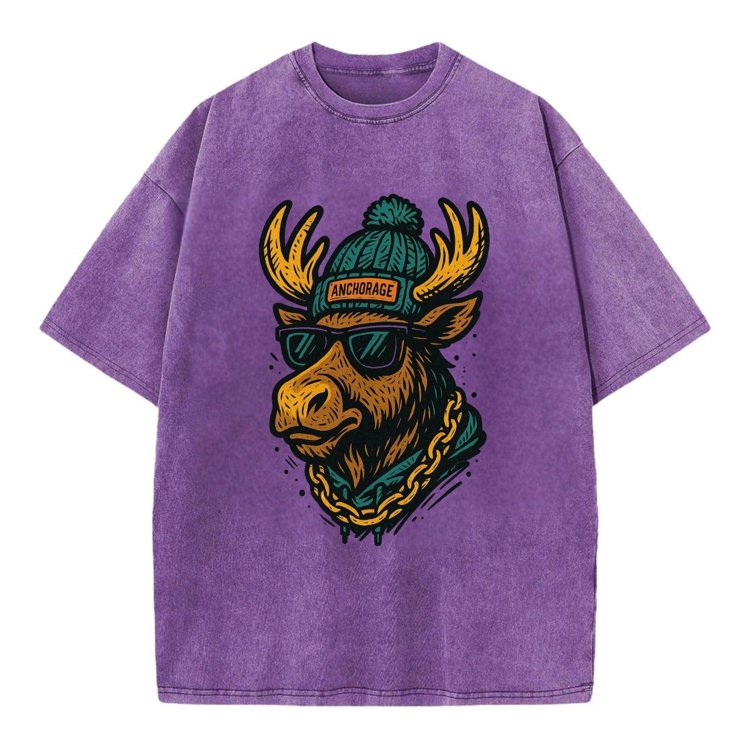 Alaska Moose wearing Anchorage beanie with pom pom and wayfarer sunglasses - Vintage T-shirt - Purple