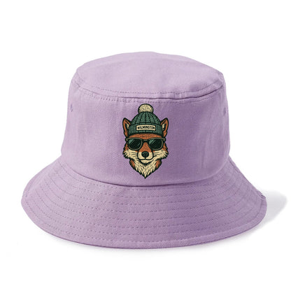 Delaware Gray Fox wearing Wilmington beanie with pom pom and wayfarer sunglasses - Bucket Hat - Purple
