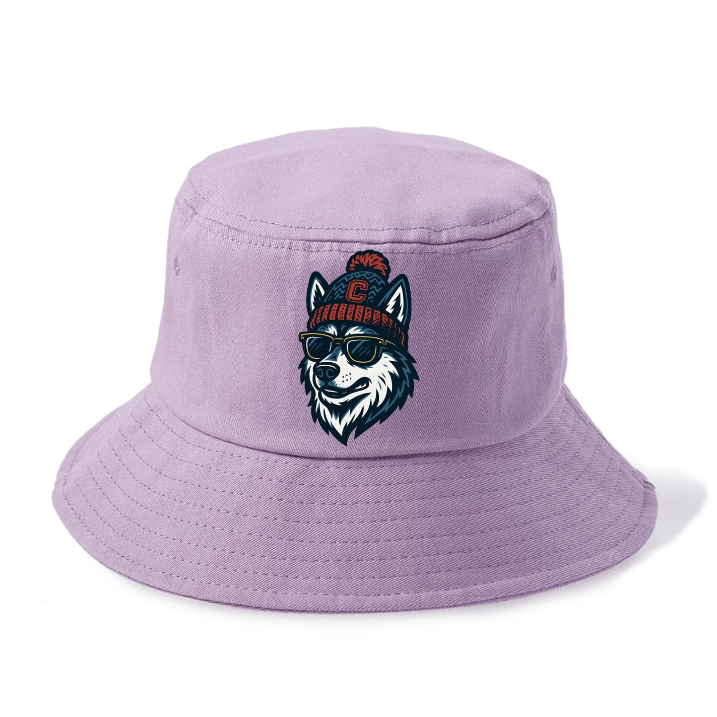 Storrs Husky wearing UConn beanie with C patch - Bucket Hat - Purple