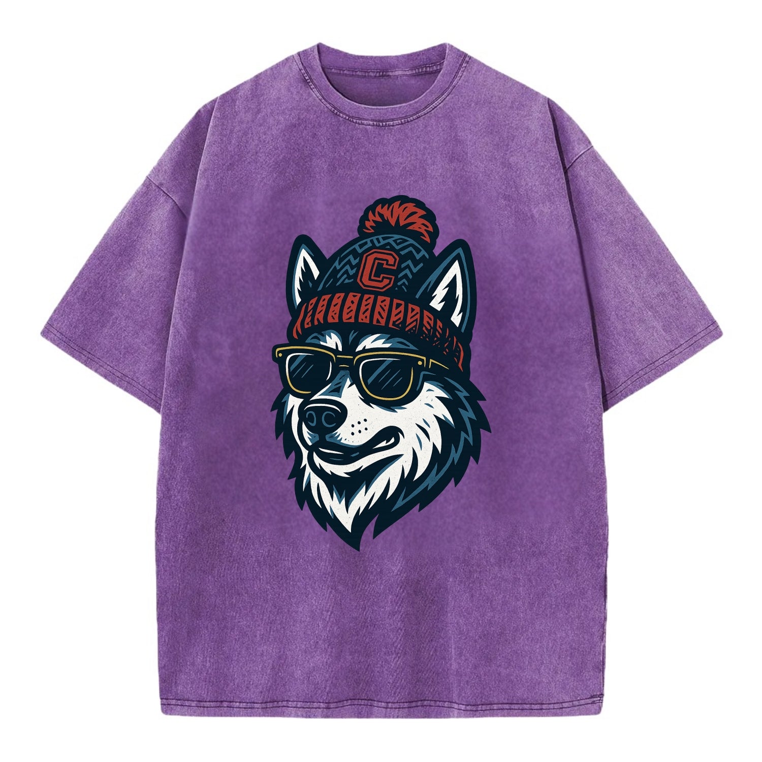 Storrs Husky wearing UConn beanie with C patch - Vintage T-shirt - Purple