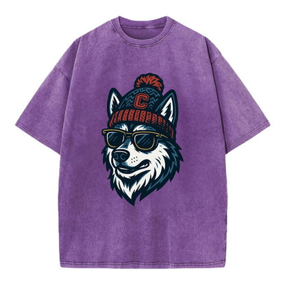 Storrs Husky wearing UConn beanie with C patch - Vintage T-shirt - Purple