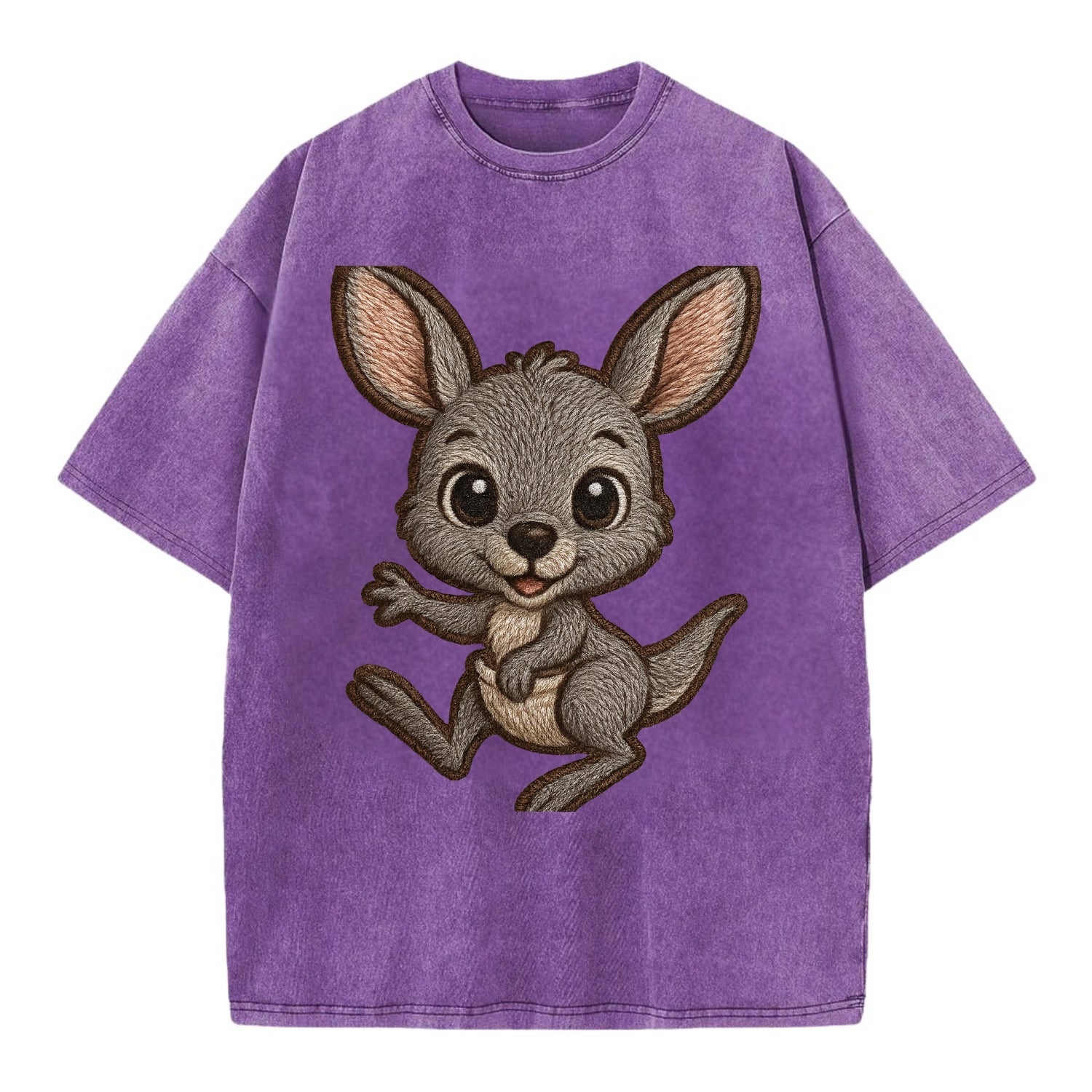 Baby Kangaroo Joey - gray fur, large ears, in pouch peek, bright eyes, - Vintage T-shirt - Purple