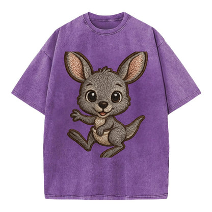 Baby Kangaroo Joey - gray fur, large ears, in pouch peek, bright eyes, - Vintage T-shirt - Purple