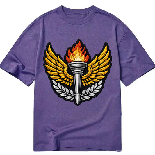 Embroidered patch design - TRACK AND FIELD TORCH - Olympic style torch with wings - Classic T-shirt - Purple