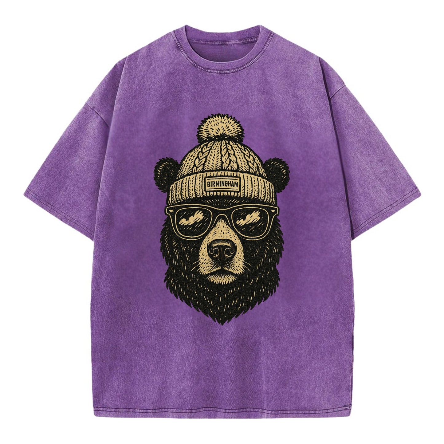 Alabama Black Bear wearing Birmingham beanie with pom pom and wayfarer sunglasses - Vintage T-shirt - Purple