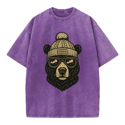 Alabama Black Bear wearing Birmingham beanie with pom pom and wayfarer sunglasses - Vintage T-shirt - Purple