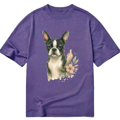 Boston Terrier with tuxedo markings, perky ears, paw up giving sass - Classic T-shirt - Purple