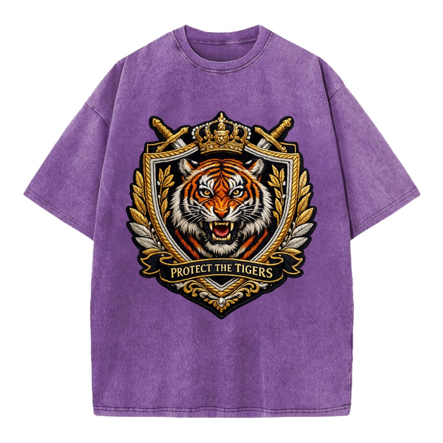 PROTECT THE TIGERS - tiger with shield in orange , big cat conservation - Vintage T-shirt - Purple