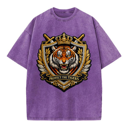 PROTECT THE TIGERS - tiger with shield in orange , big cat conservation - Vintage T-shirt - Purple