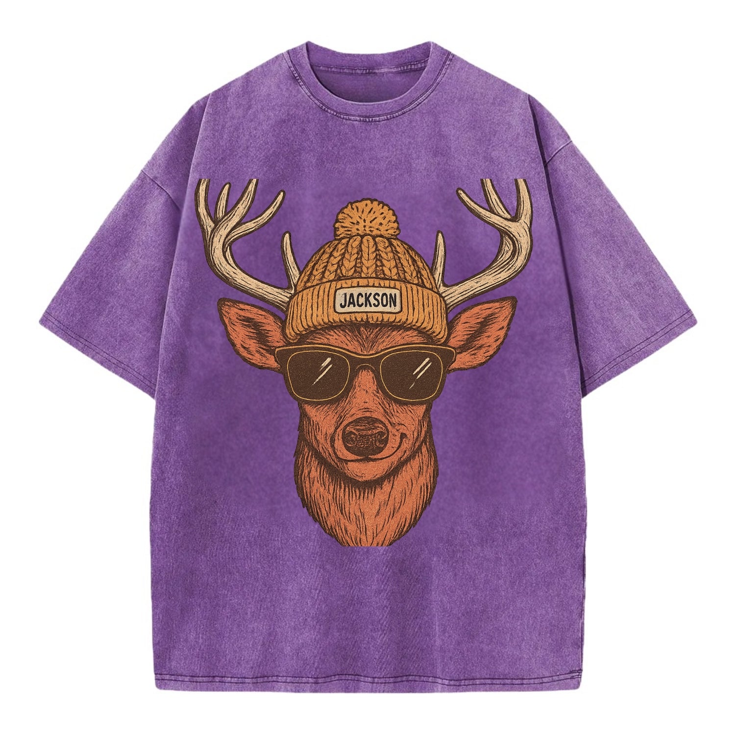 Mississippi White-tailed Deer wearing Jackson beanie with pom pom and wayfarer - Vintage T-shirt - Purple