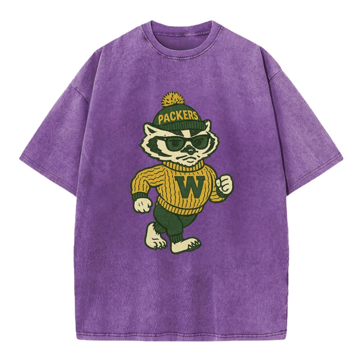 Wisconsin Badger wearing Packers green and gold beanie with pom pom and wayfarer - Vintage T-shirt - Purple