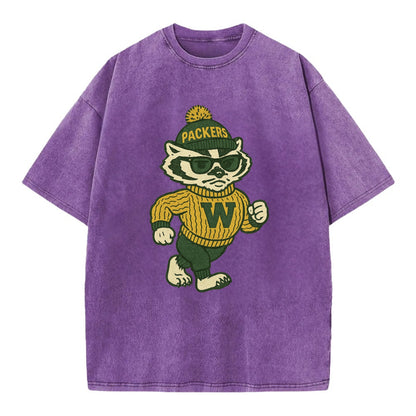 Wisconsin Badger wearing Packers green and gold beanie with pom pom and wayfarer - Vintage T-shirt - Purple
