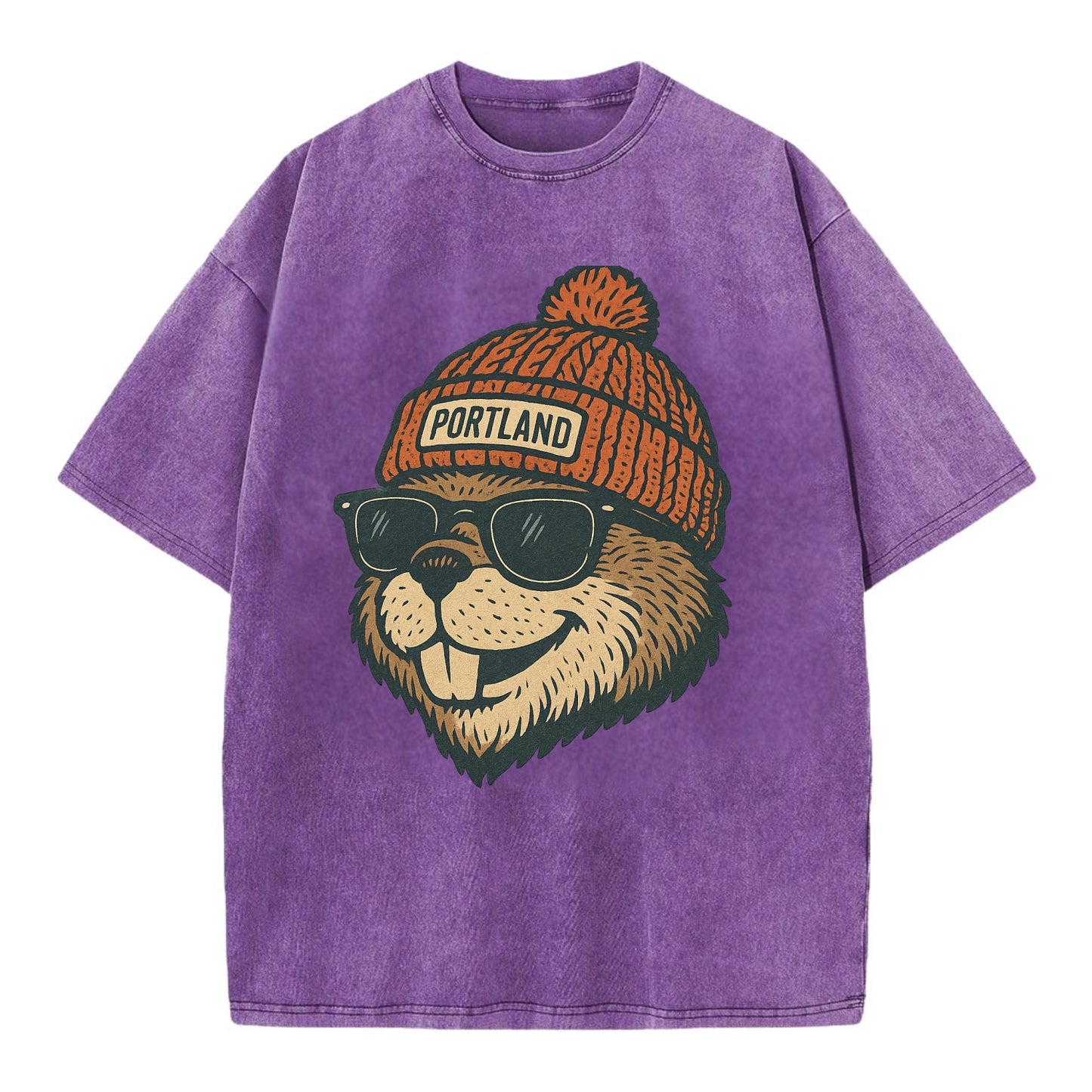 Oregon Beaver wearing Portland beanie with pom pom and wayfarer sunglasses - Vintage T-shirt - Purple