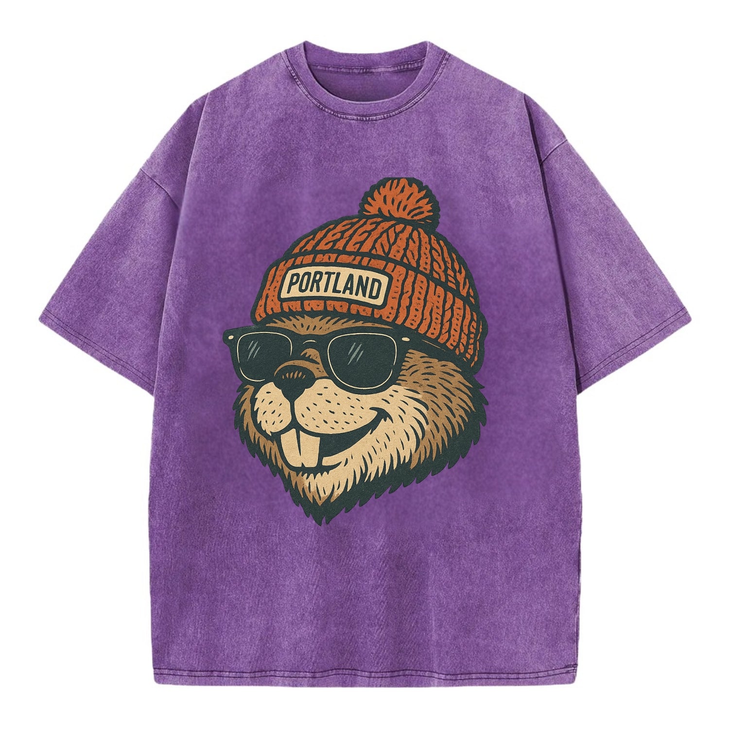 Oregon Beaver wearing Portland beanie with pom pom and wayfarer sunglasses - Vintage T-shirt - Purple